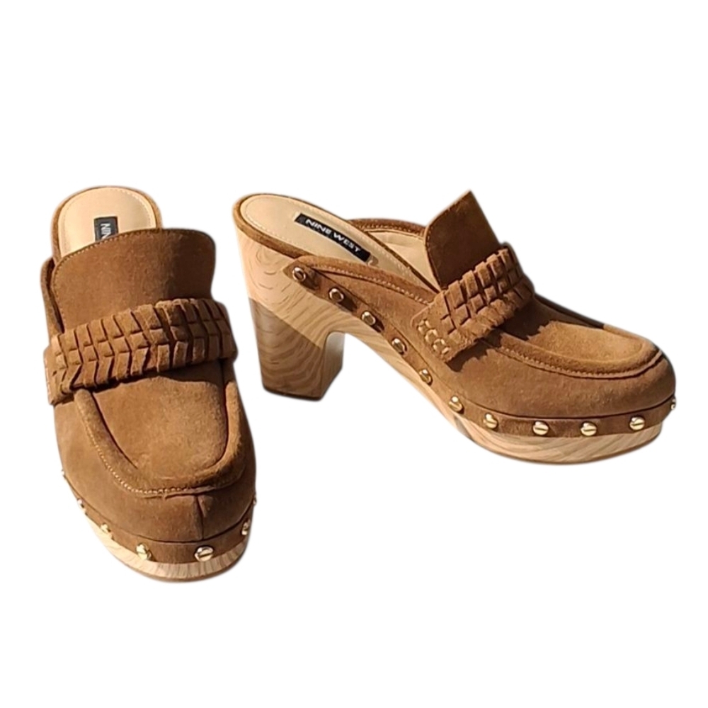 Nine West Flowr Leather Wooden Heel Studded Brown Slip-On Clogs Women Size 7.5